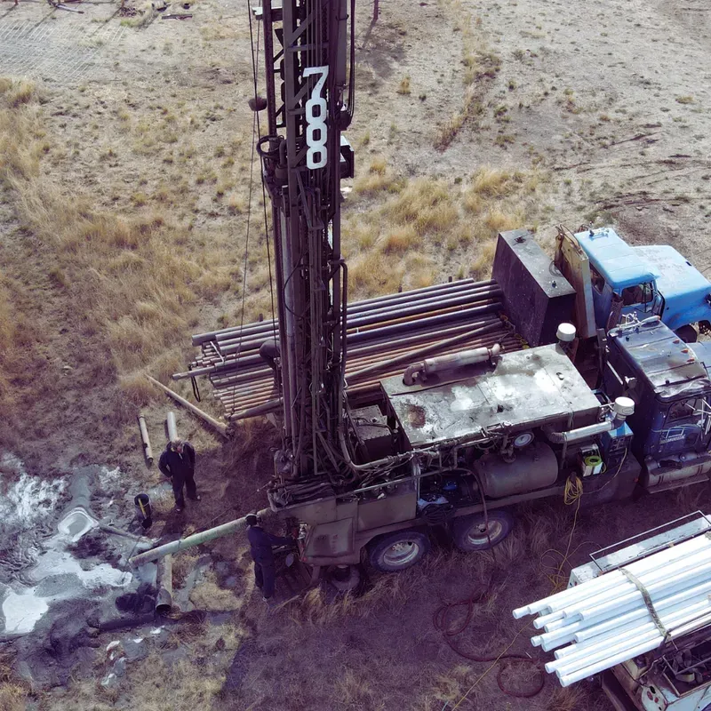 Aerial view of a water well drilling rig owned and operated by Spring Creek Drilling