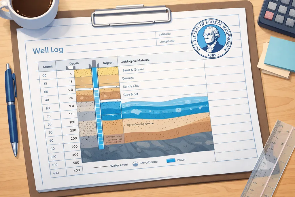 Illustration of a Washington State well log report showing geological layers and water depth